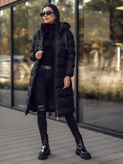 Bolf Damen Lange Gepolsterte Winterjacke mit Kapuze Schwarz  5M736