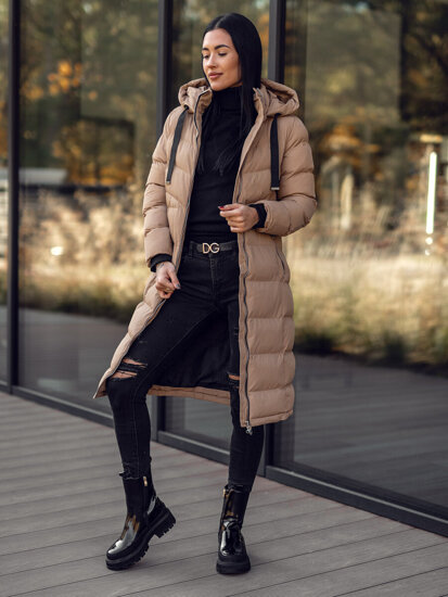 Bolf Damen Lange Gepolsterte Winterjacke mit Kapuze Schwarz  5M736