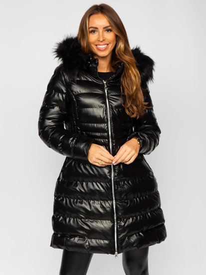 Bolf Damen Lange Gepolsterte Winterjacke mit Kapuze Schwarz  5M777