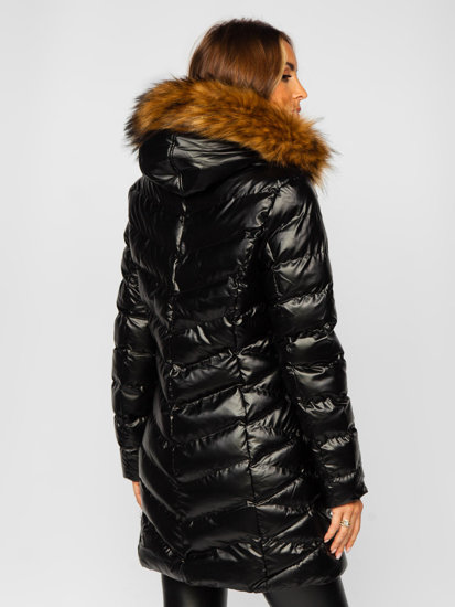 Bolf Damen Lange Gepolsterte Winterjacke mit Kapuze Schwarz  5M778