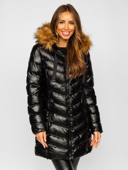 Bolf Damen Lange Gepolsterte Winterjacke mit Kapuze Schwarz  5M778