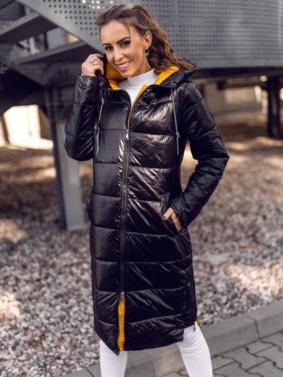 Bolf Damen Lange Gepolsterte Winterjacke mit Kapuze Schwarz  J9063