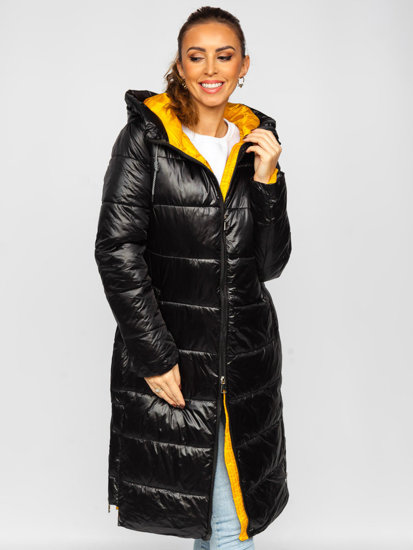 Bolf Damen Lange Gepolsterte Winterjacke mit Kapuze Schwarz  J9063