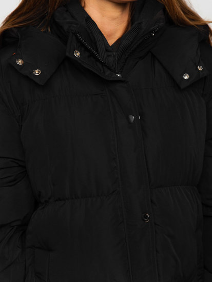 Bolf Damen Lange Gepolsterte Winterjacke mit Kapuze Schwarz  R6702