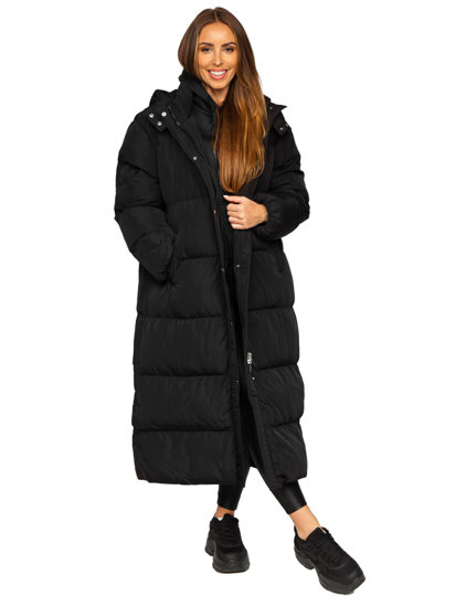 Bolf Damen Lange Gepolsterte Winterjacke mit Kapuze Schwarz  R6702