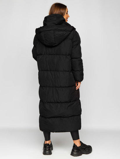 Bolf Damen Lange Gepolsterte Winterjacke mit Kapuze Schwarz  R6702