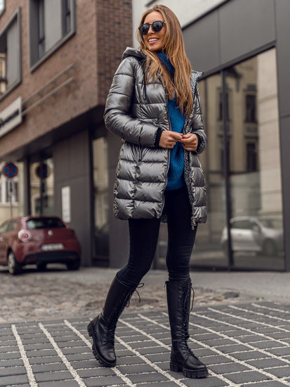 Bolf Damen Lange Gepolsterte Winterjacke mit Kapuze Zweiseitig Silber B8070