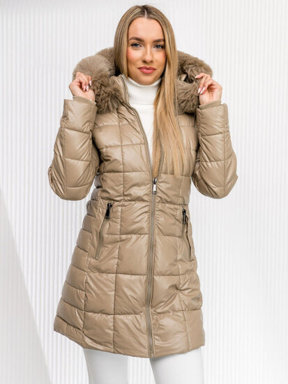 Bolf Damen Lange Gepolsterte Winzterjacke Mantel Beige z kapturem  16M9120