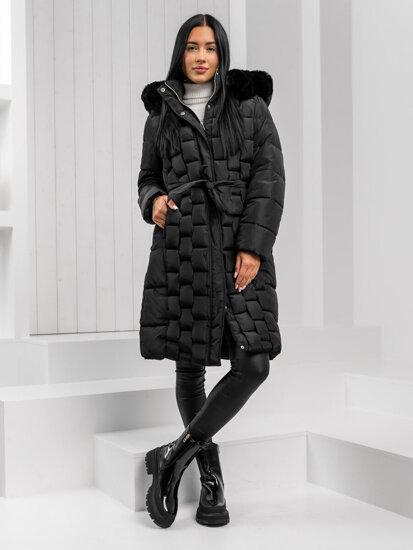 Bolf Damen Lange Gepolsterte Winzterjacke Mantel Schwarz z kapturem  11Z8179