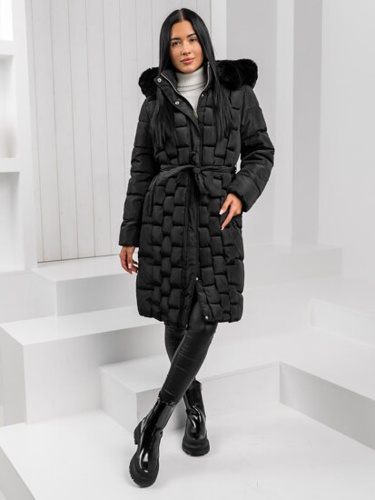 Bolf Damen Lange Gepolsterte Winzterjacke Mantel Schwarz z kapturem  11Z8179