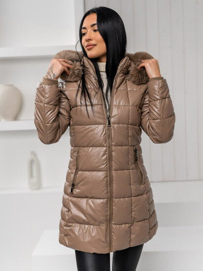 Bolf Damen Lange Geposlterte Winterjacke Mantel mit Kapuze Braun 16M9120