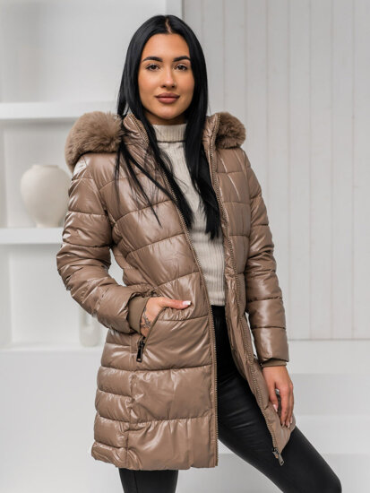 Bolf Damen Lange Geposlterte Winterjacke Mantel mit Kapuze Braun 16M9120