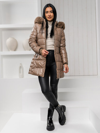 Bolf Damen Lange Geposlterte Winterjacke Mantel mit Kapuze Braun 16M9120