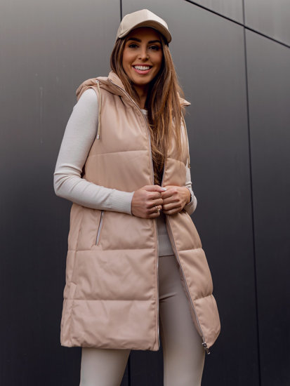 Bolf Damen Lange Steppweste aus Ökoleder Beige  AY756