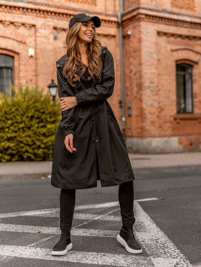 Bolf Damen Lange Übergangsjacke Mantel mit Kapuze Schwarz  AG5019A