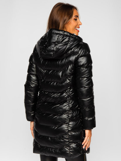 Bolf Damen Lange Winter Steppjacke mit Kapuze Schwarz  7074