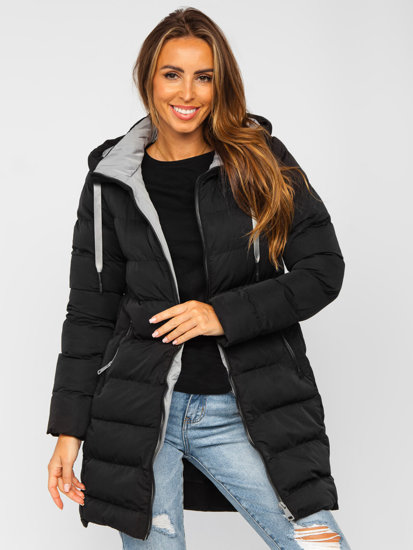 Bolf Damen Lange Winter Steppjacke mit Kapuze Schwarz  7081