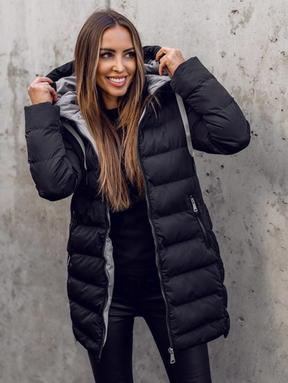 Bolf Damen Lange Winter Steppjacke mit Kapuze Schwarz  7081