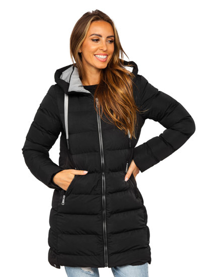 Bolf Damen Lange Winter Steppjacke mit Kapuze Schwarz  7081