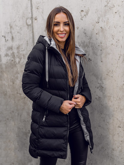 Bolf Damen Lange Winter Steppjacke mit Kapuze Schwarz  7081