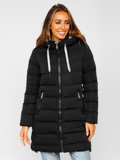 Bolf Damen Lange Winter Steppjacke mit Kapuze Schwarz  7081