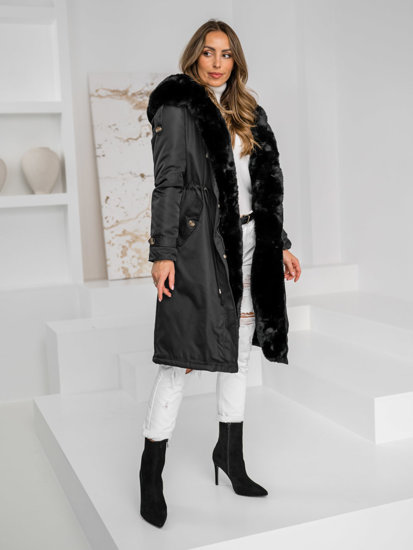 Bolf Damen Lange Winterjacke Parka mit Kapuze Schwarz  B557