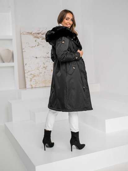 Bolf Damen Lange Winterjacke Parka mit Kapuze Schwarz  B557