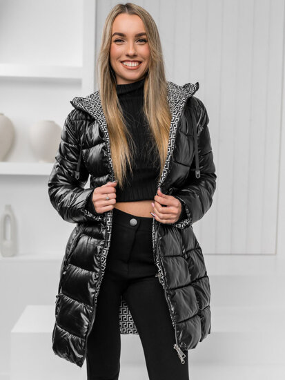 Bolf Damen Lange Zweiseitige Gepolsterte Winterjacke Mantel mit Kapuze Schwarz  B8070