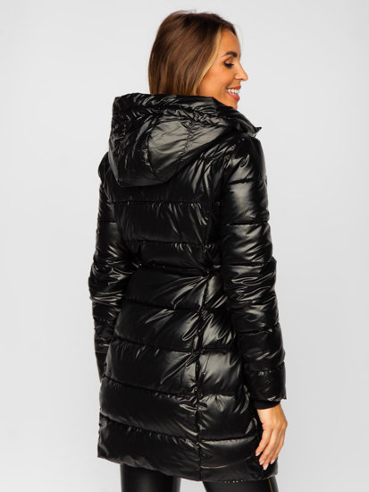 Bolf Damen Lange Zweiseitige Gepolsterte Winterjacke Mantel mit Kapuze Schwarz  B8070