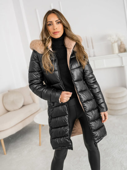 Bolf Damen Lange Zweiseitige Gepolsterte Winterjacke Mantel mit Kapuze Schwarz  B8202