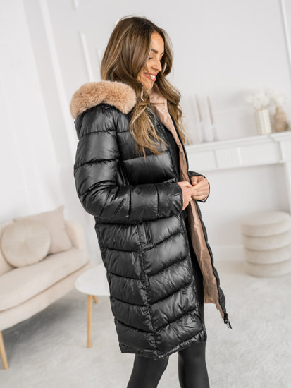 Bolf Damen Lange Zweiseitige Gepolsterte Winterjacke Mantel mit Kapuze Schwarz  B8202