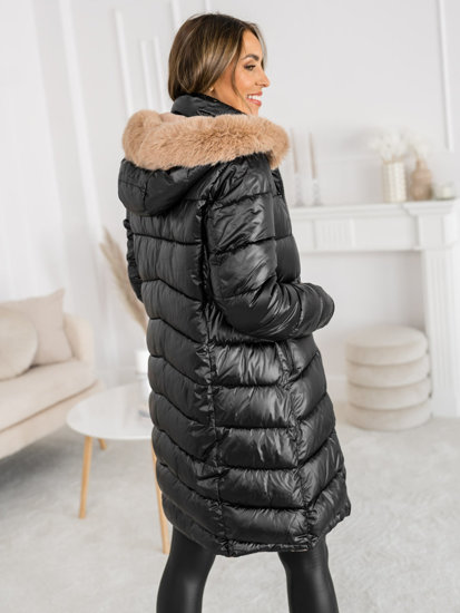 Bolf Damen Lange Zweiseitige Gepolsterte Winterjacke Mantel mit Kapuze Schwarz  B8202