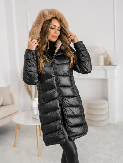 Bolf Damen Lange Zweiseitige Gepolsterte Winterjacke Mantel mit Kapuze Schwarz  B8202