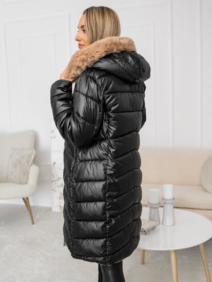 Bolf Damen Lange Zweiseitige Gepolsterte Winterjacke Mantel mit Kapuze Schwarz  B8202