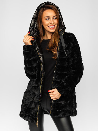 Bolf Damen Lange Zweiseitige Gepolsterte Winterjacke mit Kapuze Schwarz  P6630