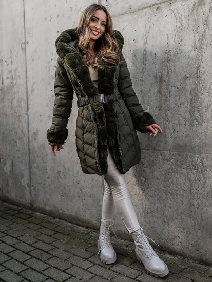 Bolf Damen Lange Zweiseitige Gepolsterte Winterjcke Mantel mit Kapuze Khaki 5M3156A