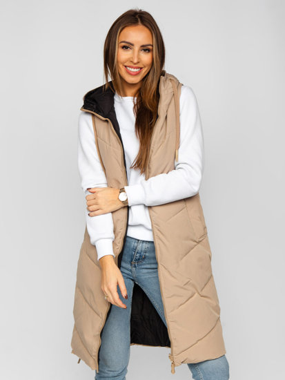 Bolf Damen Lange Zweiseitige Steppweste Beige  B8022