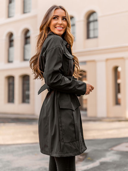 Bolf Damen Langer Mantel Trenchcoat mit Gürtel Schwarz  AG5012