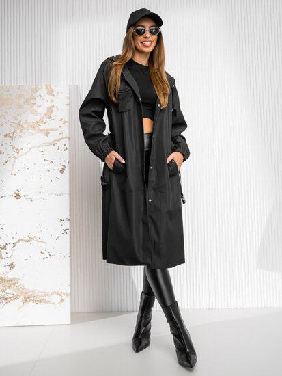 Bolf Damen Langer Mantel Übergangsjacke mit Kapuze Schwarz AG5019