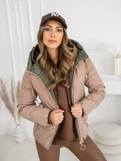 Bolf Damen Warme Zweiseitige Gepolsterte Winterjacke mit Kapuze Beige  B8181