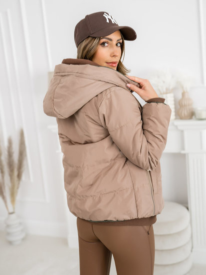 Bolf Damen Warme Zweiseitige Gepolsterte Winterjacke mit Kapuze Beige  B8181