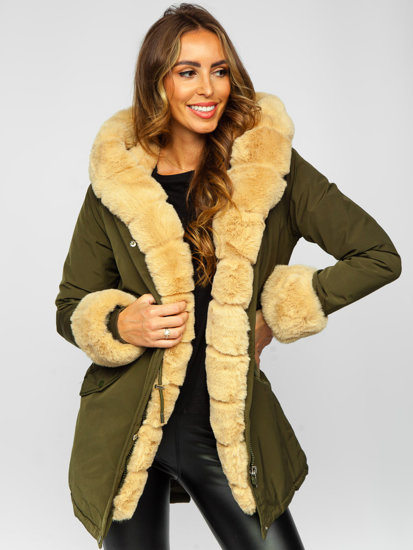 Bolf Damen Winterjacke Parka mit Kapuze Khaki  7033