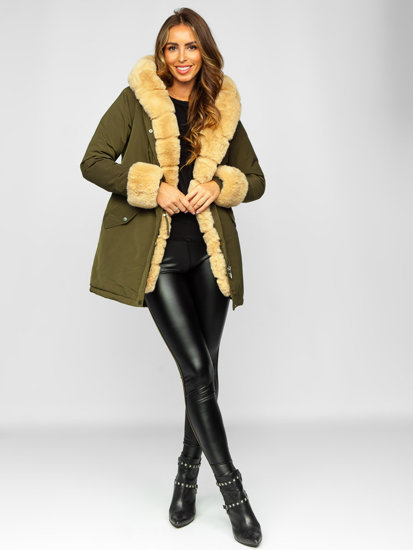 Bolf Damen Winterjacke Parka mit Kapuze Khaki  7033