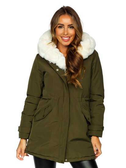 Bolf Damen Winterjacke Parka mit Kapuze Khaki  7034