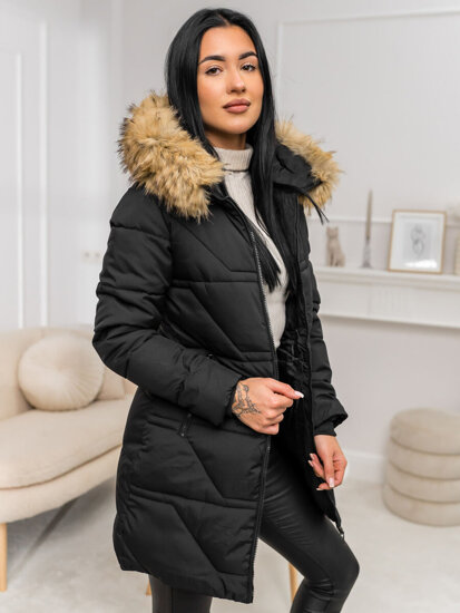 Bolf Damen Winterjacke mit Kapuze Schwarz-Braun 16M9099