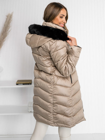 Bolf Damen Zweiseitige Lange Gepolsterte Winterjacke Mantel mit Kapuze Beige  B8202