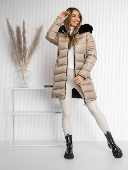 Bolf Damen Zweiseitige Lange Gepolsterte Winterjacke Mantel mit Kapuze Beige  B8202