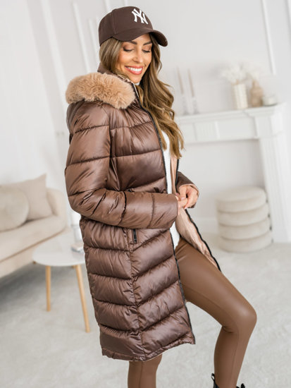 Bolf Damen Zweiseitige Lange Gepolsterte Winterjacke Mantel mit Kapuze Braun  B8202