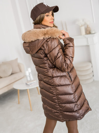 Bolf Damen Zweiseitige Lange Gepolsterte Winterjacke Mantel mit Kapuze Braun  B8202