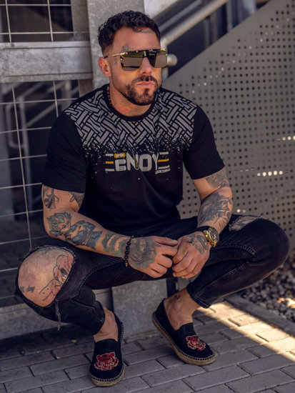 Bolf Herren Baumwoll T-Shirt mit Motiv Schwarz  14720A